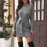 Polyester Slim Sweater Dress & with belt knitted Solid :L PC