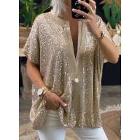 Polyester Plus Size Women Short Sleeve Shirt & loose Sequin plain dyed Solid PC