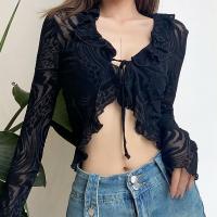 Spandex & Polyester scallop & Slim Women Long Sleeve Blouses see through look black PC