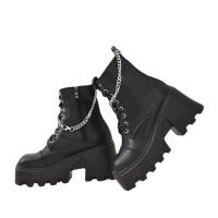 Synthetic Leather heighten & side zipper & chunky Women Martens Boots Polyurethane Solid black Pair