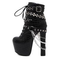 Microfiber PU Synthetic Leather front drawstring & side zipper Boots Rubber Solid black Pair