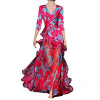 Polyester Plus Size One-piece Dress large hem design & deep V printed floral red and blue PC