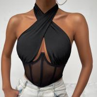 Polyester Slim & Crop Top Tank Top backless & wrapped chest Gauze & Lace patchwork Solid black PC