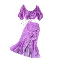 Polyester Ruffle collar & front slit & Mermaid Two-Piece Dress Set irregular & two piece printed dot : Set