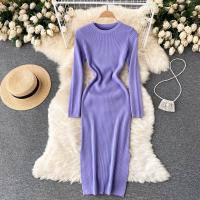 Polyester Slim One-piece Dress side slit knitted Solid PC