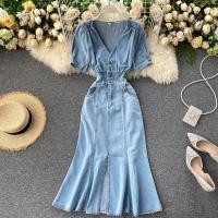 Polyester Pleated Jeans Dress side slit patchwork Solid blue PC