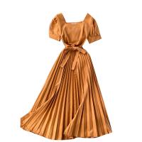 Polyester Waist-controlled & Pleated One-piece Dress large hem design & slimming patchwork Solid : PC