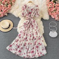 Polyester Pleated & High Waist One-piece Dress irregular & mid-long style & deep V Chiffon printed shivering : PC