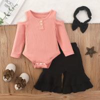 Cotton Baby Clothes Set & three piece & off shoulder headband & Pants & top Solid pink Set