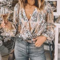 Polyester Women Long Sleeve Shirt & loose patchwork silver PC