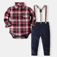 Cotton Baby Clothes Set & two piece suspender pant & teddy plaid Set