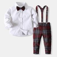 Cotton Boy Clothing Set & two piece suspender pant & top plaid Set