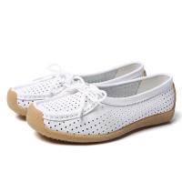 Leather Women Lazy Shoes round toe & hollow Solid white Pair