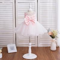 Polyester Princess Girl One-piece Dress with bowknot Solid pink PC