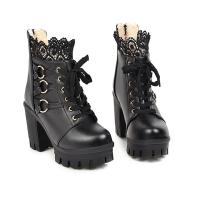 PU Leather front drawstring & chunky & Platform Women Martens Boots & anti-skidding Rubber Solid Pair
