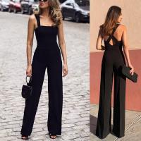 Polyester Long Jumpsuit backless Solid black PC