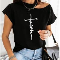 Polyester Plus Size Women Short Sleeve Blouses & off shoulder printed letter PC