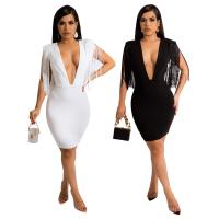 Polyester Tassels Sexy Package Hip Dresses deep V PC