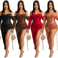 Polyester One-piece Dress irregular & side slit & wrapped chest patchwork Solid PC