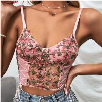 Polyester Slim & Crop Top Tank Top backless embroidered floral pink PC