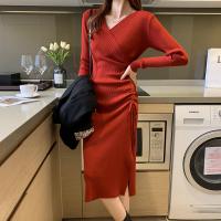 Polyester High Waist Sweater Dress deep V knitted Solid : PC
