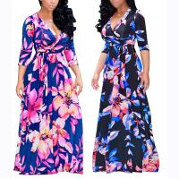 Polyester Plus Size & High Waist One-piece Dress large hem design & deep V printed floral PC