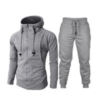 Chemical Fiber With Siamese Cap Men Casual Set & two piece Long Trousers & Sweatshirt plain dyed Solid Set