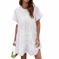 Cotton One-piece Dress & loose & hollow patchwork Solid white PC