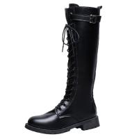 PU Leather front drawstring & side zipper Boots black Pair