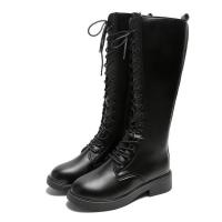 PU Leather front drawstring & side zipper Boots black Pair