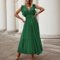 Womens Summer Dresses Casual Pleated Ruffle Sleeveless Wrapped V Neck Long Dress with Belt, Slim One-piece Dress deep V Solid dress