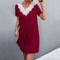 Polyester lace One-piece Dress large hem design & deep V & loose Lace patchwork Solid PC