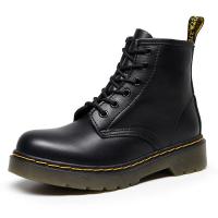 Leather front drawstring Women Martens Boots & unisex Solid black Pair