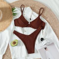 Polyester Bikini & two piece patchwork Solid brown Set