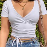 Polyester Slim & Crop Top Women Short Sleeve T-Shirts backless patchwork Solid white and black PC
