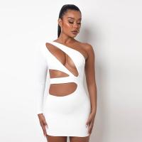 Polyester High Waist Sexy Package Hip Dresses backless & hollow & One Shoulder patchwork Solid white PC