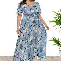 Polyester Plus Size One-piece Dress side slit printed PC