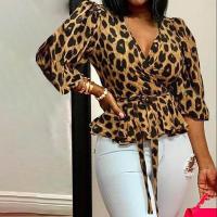 Polyester Waist-controlled & Plus Size Women Long Sleeve T-shirt printed leopard PC