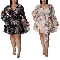 Polyester Plus Size One-piece Dress deep V & loose printed PC