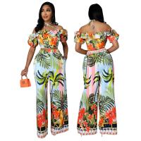 Polyester Women Casual Set & two piece & off shoulder Long Trousers & top printed Set