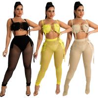 Polyester Women Casual Set see through look & two piece Long Trousers & tank top patchwork Solid Set