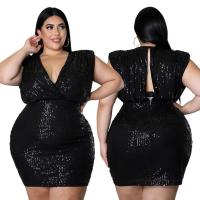 Polyester Plus Size & High Waist Sexy Package Hip Dresses deep V & backless Sequin embroidered black PC