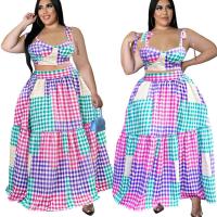 Polyester Plus Size Two-Piece Dress Set irregular & hollow plaid Set