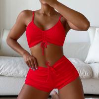 Rib Lycra & Polyester Tankinis Set backless & padded patchwork Solid red Set