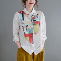Leinen & Baumwolle Frauen Langarm Shirt, Patchwork, Solide, Weiß,  Stück
