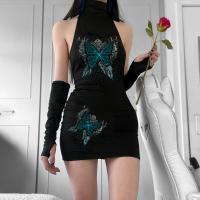 Polyester High Waist Sexy Package Hip Dresses with oversleeve & backless printed black PC