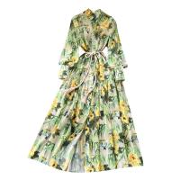 Chiffon Waist-controlled & long style & Beach Dress One-piece Dress large hem design & with belt printed floral green PC