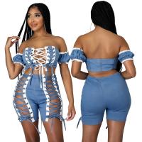 Polyester Women Casual Set slimming & two piece & hollow short pants & top patchwork Solid blue Set