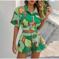 Polyester Wide Leg Trousers Women Casual Set & two piece short & top green Set