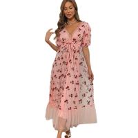 Polyester High Waist One-piece Dress large hem design & deep V embroidered fruit pattern PC